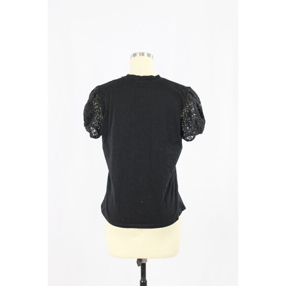 THE KOOPLES Black Cotton Jersey Lace Puff Sleeve Crew Neck T-Shirt Top, Size 1/S - Picture 3 of 11